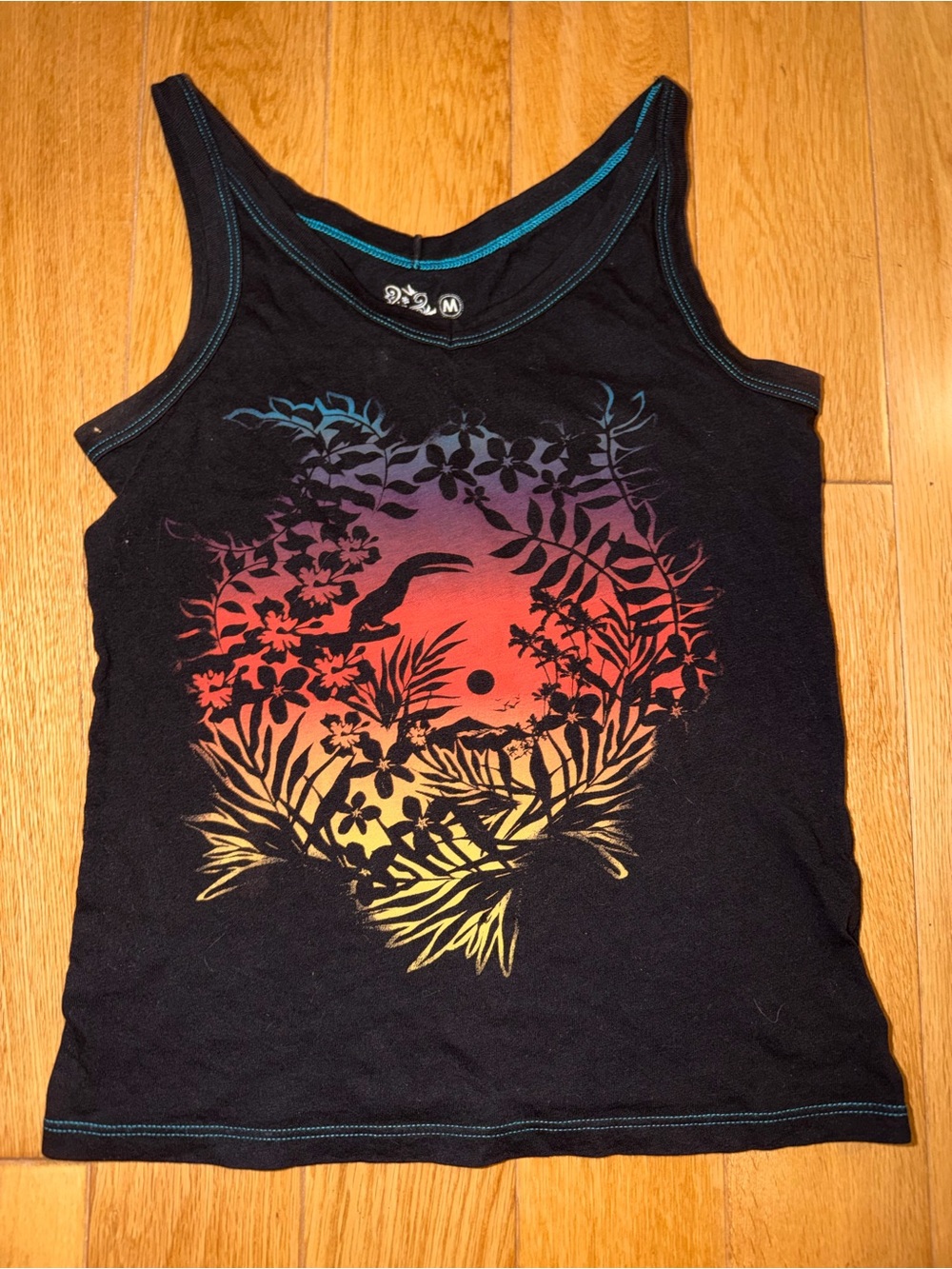 Girls Old Navy Black Tank Top with Sunset Floral Graphic